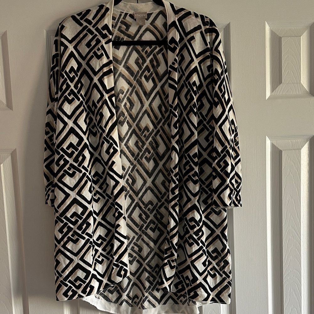 Chico’s Geometric Patterned Black and White Women's Open Sweater - Size 2